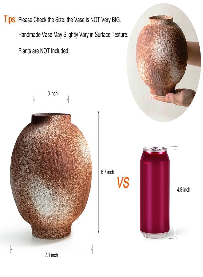 GeLive Round Hammered Finish Rustic Pottery Vase, Handmade Ceramic Flower Vase for Home Decor, Farmhouse Centerpiece Moon Jar Vase (Brown, 7inch) - Image 2